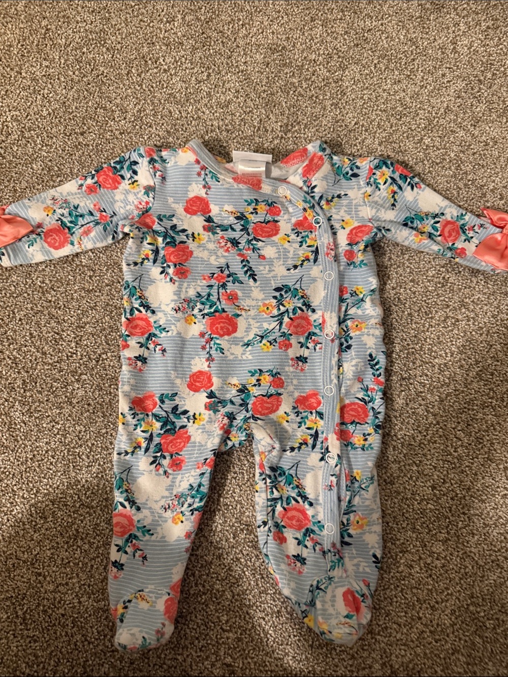 Floral Print Baby One-Piece Footed Sleeper - Coral & Blue
